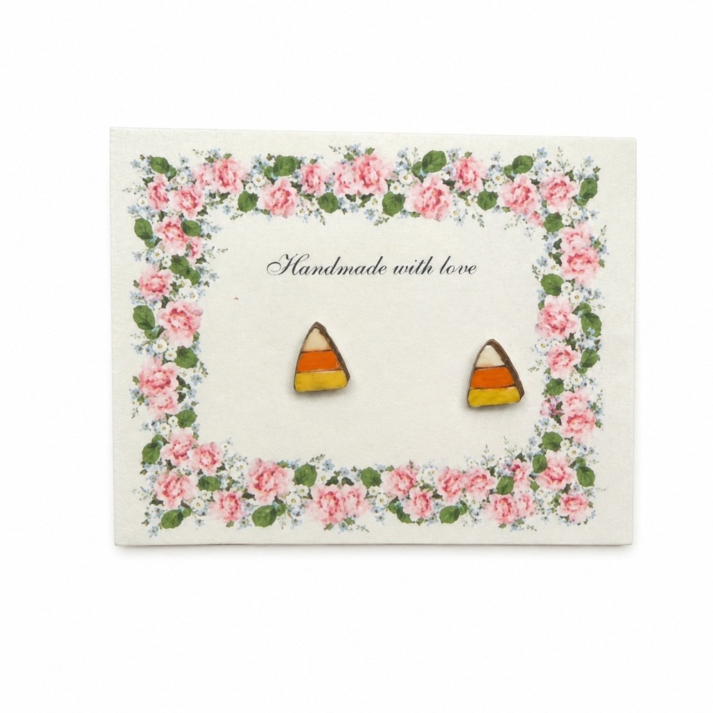Handmade Candy Corn Earrings Women OS Multi-Color Wood Halloween Studs